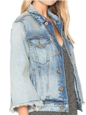 New NSF Cliq Denim Jacket Lake Cropped Sleeves Distressed NWT Women’s Size Small